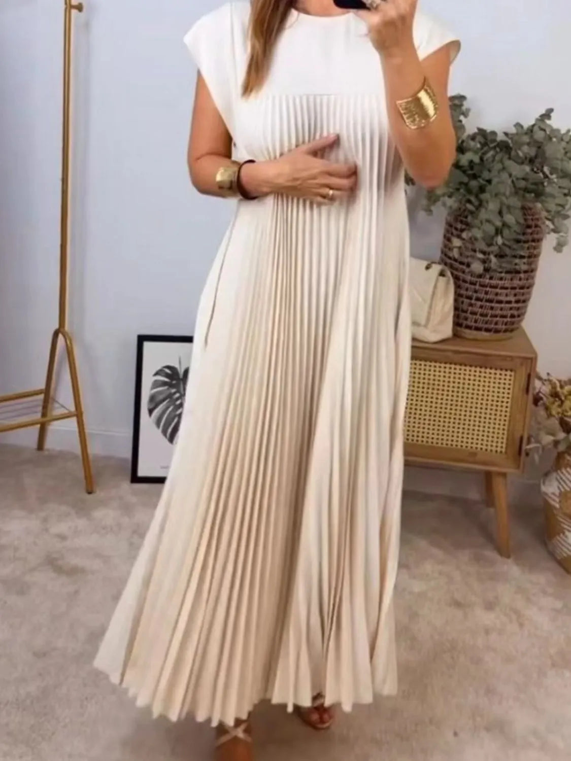 Full Size Pleated Round Neck Maxi Dress Plus Size